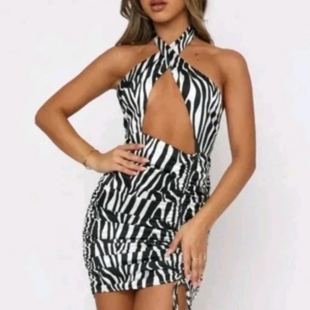 White Fox Boutique Size Small Zebra BLK Cut Out Halter Party Mini Dress $60 MSRP